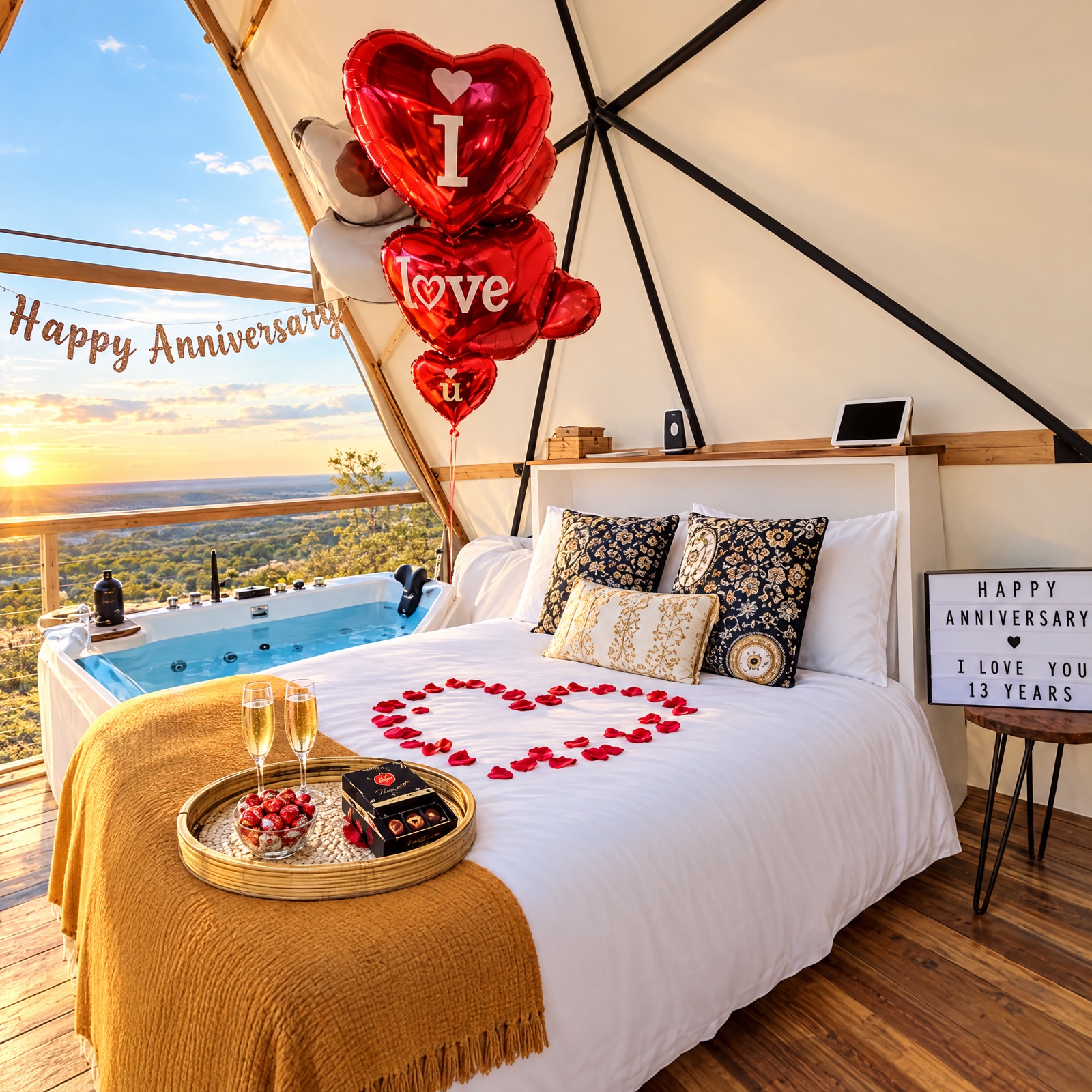 A suite decorated for an anniversary with balloons and rose petals